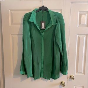 Green Oversized Plisse Button Up Top
